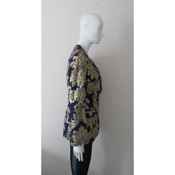 Moschino Jeans 90s Vintage Metallic Notch Collar Blazer Blue Gold Size 10 - Picture 5 of 12